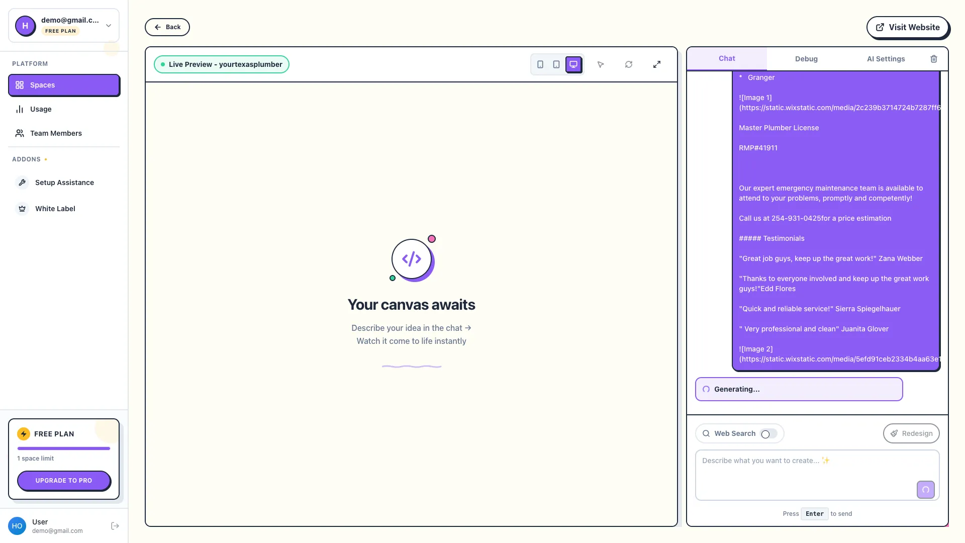 AI Website Builder Chat Interface generating content